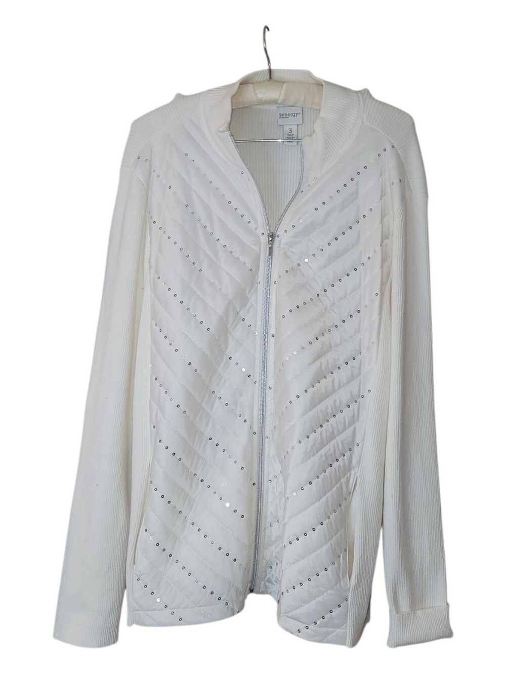 Zenergy By Chico's 3 White Zip Up Quilted Sequin Sweater Jacket 16 XL